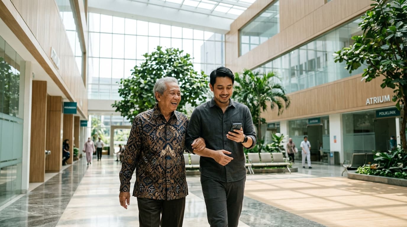 Bapak lansia Indonesia berbatik berjalan santai sambil merangkul anak laki-lakinya yang memegang smartphone di atrium rumah sakit modern yang tenang dan tanpa antrean