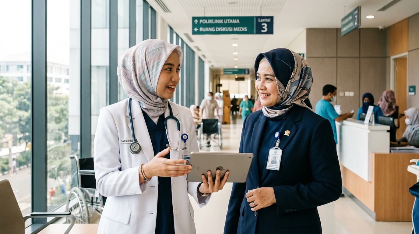 Dokter spesialis muda wanita berhijab berdiskusi dengan direktur rumah sakit wanita berhijab sambil memegang iPad