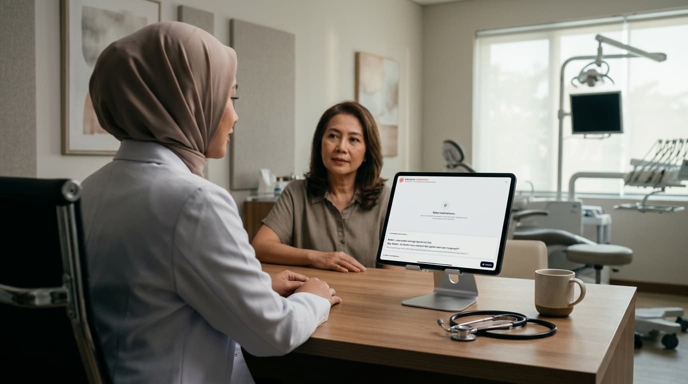 Dokter spesialis menggunakan AI Scribe di iPad saat konsultasi pasien